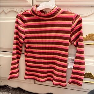 Striped Ribbed Long Sleeve Top - Pink, Brown, Peach